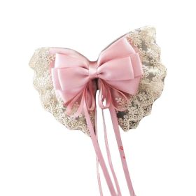 Pink Cute Lace Large Bowknot French Barrettes Handmade Chiffon Hair Clip with Ribbon