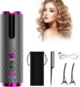 Unbound Cordless Auto Rotating Ceramic Hair Curler USB Rechargeable Automatic Curling Iron LED Display Temperature Wave Curler (Color: Gray)